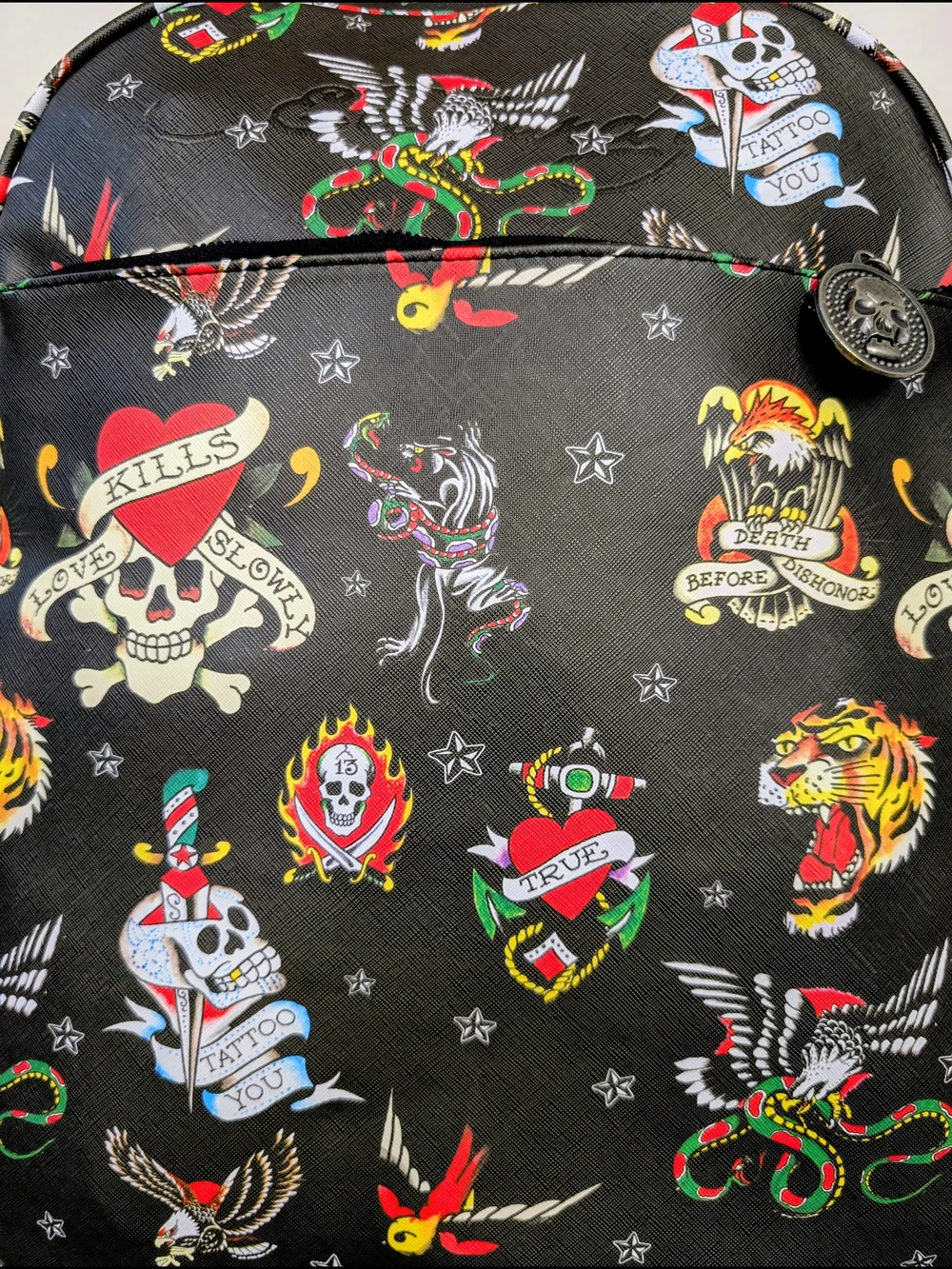 Ed Hardy Black Tattoo Print Backpack Skulls Tigers Graphic Bag NWT Unisex